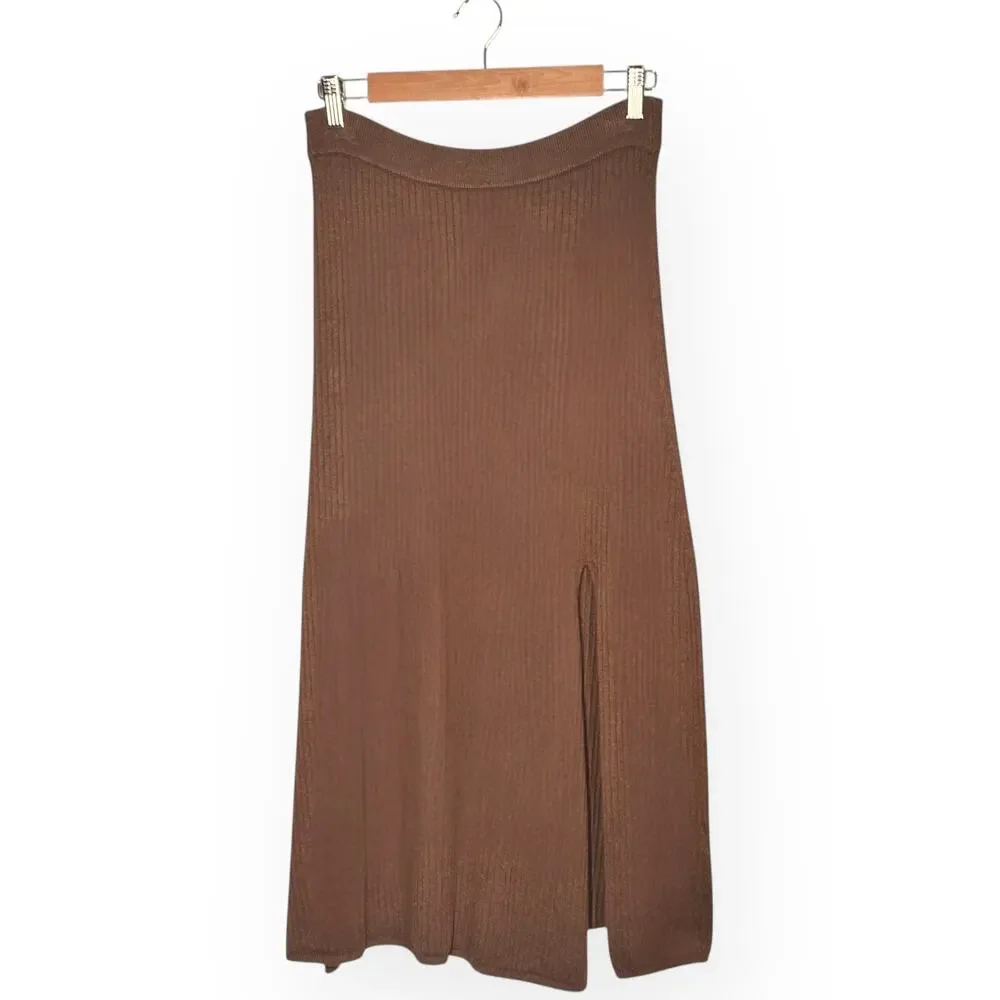 FREE PEOPLE Skyline Midi Skirt Ribbed Knit Front Slit Coquette Stretch Brown